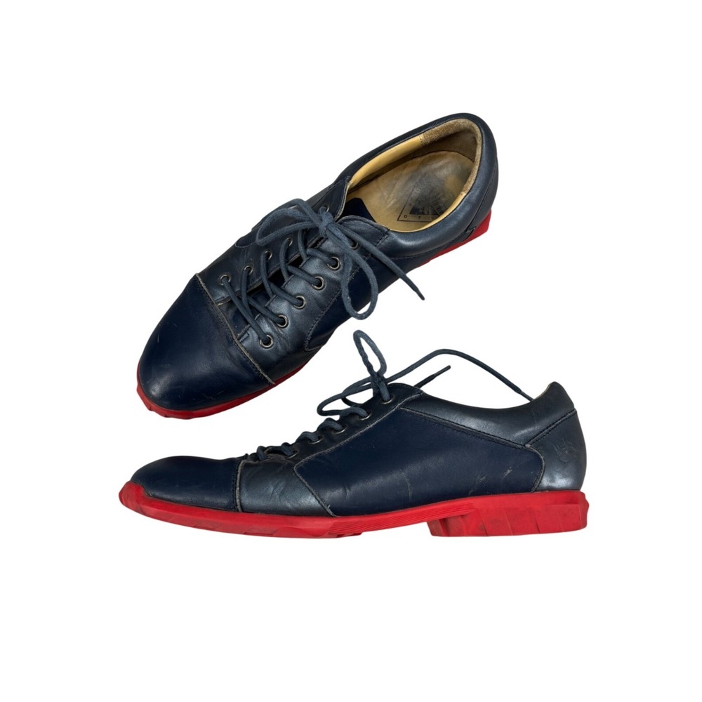 John Fluevog Elro Derby Shoes Blue Leather Cap Toe Sneakers Red Sole Men Size 11